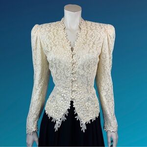 Vintage Cream Lace Victorian Gothic Jacket / Late 80s Early 90s / M